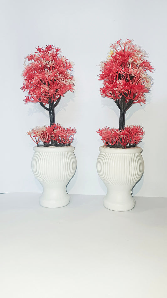 Pair of 2 red ceramic leafed pots